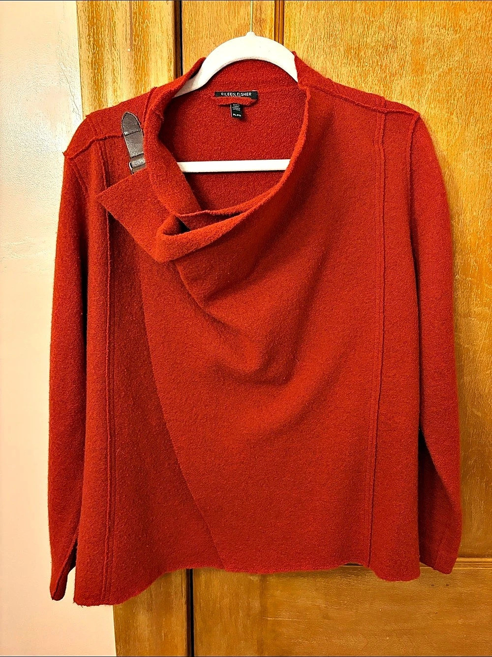 Eileen Fisher Boiled Wool Asymmetric Jacket burnt orange color. Size Large